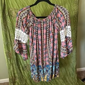 Women's Tunic By Win Win Multicolor Hippie Bohemian Peasant Pink Turquoise L-XL